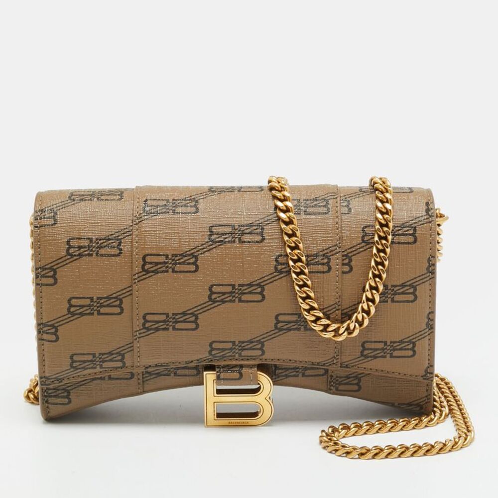 Balenciaga Hourglass Beige/brown Bb Monogram Coated Canvas Wallet On Chain